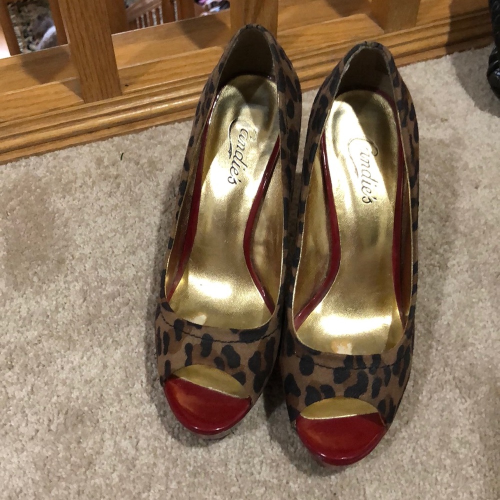 Candie’s Leopard Print Pumps with Red Patent Trim